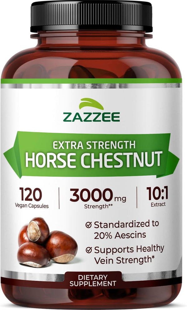 Extra Strength Horse Chestnut 10:1 Extract, 3000 Mg Strength, 20% Aescins, 4 Month Supply, 120 Vegan Capsules, Concentrated and Standardized 10X Extract, All-Natural, Non-Gmo, Made in the USA