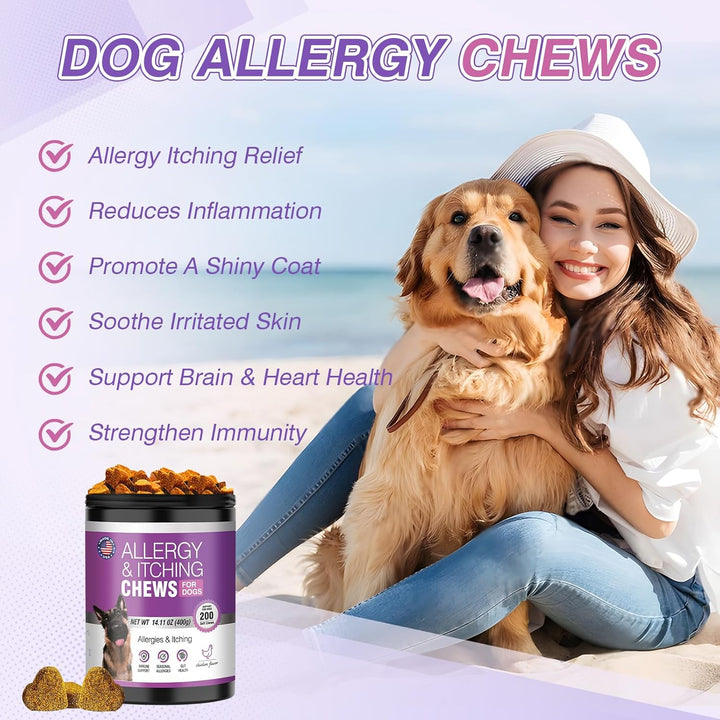 Dog Allergy Chews 200Pcs - Dog Allergy and Itching Skin Relief anti Itch Aller Immune Bites for Dogs Itching Licking Paws Treatment Relief Itchy Chew Probiotics Vitamins for Skin and Coat Allergies