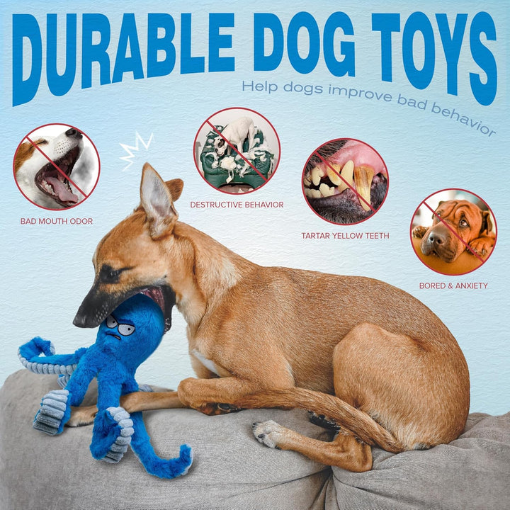 Tough Dog Toys, Stuffed Chew Large Dog Toys to Keep Them Busy, Interactive Squeaky Tug of War Doggie Toy, Crinkle Blue Octopus