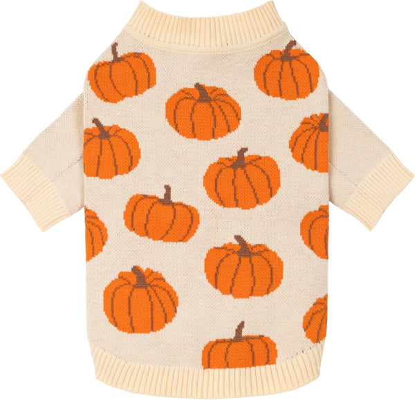 Pumpkin Dog Sweater, Thanksgiving Outfit for Small Dogs Boy Girl, Pet Outfit, Orange, Beige, Medium