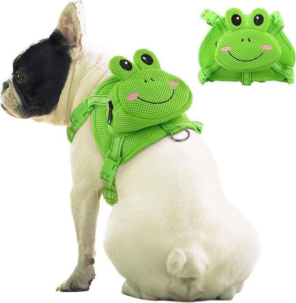 Dog Backpack Harness, No-Pull Dog Backpack with D-Ring for Small Medium Dogs, Cute Self Carrier Backpack for Dogs to Wear, Adjustable Doggy Backpacks for Traveling Camping Hiking, Frog, M
