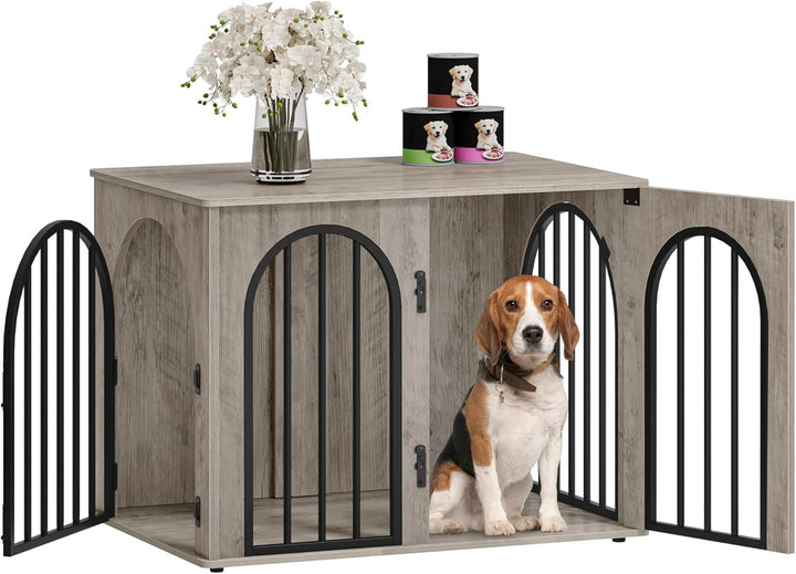 31.5'' Wooden Dog Crate Furniture, Indoor Dog Kennel Dogs Cage for Small/Medium Dogs, Heavy Duty Dog Crates Decorative Pet House End Side Table TV Stand, White Brown DFC85114B