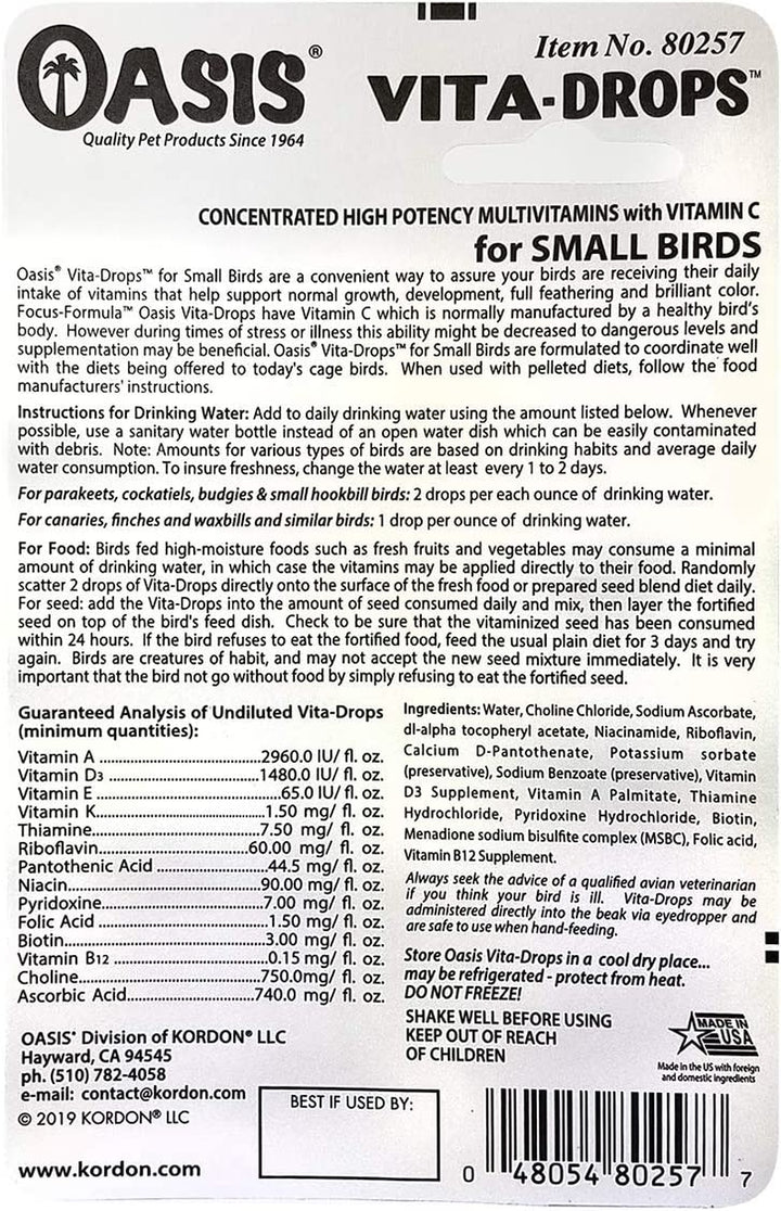 OASIS #80257 Vita Drops for Small Birds, 2- Ounce Liquid Multivitamin