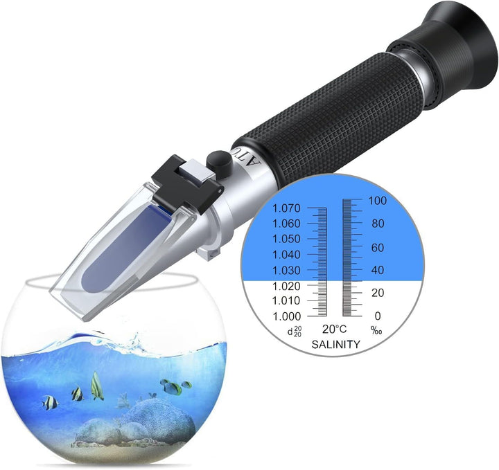 Salinity Refractometer Saltwater Aquarium for Seawater, Pool, Tank, Marine, Fishkeeping, 0-100PPT & 1.000-1.070 Salinity Tester with ATC Function Salinity Hydrometer Kit