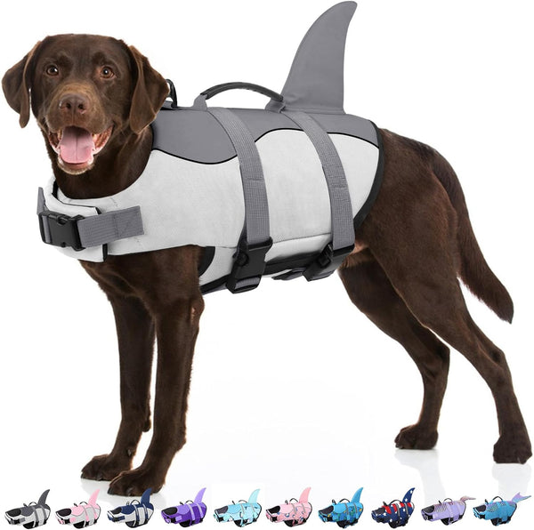 Dog Life Jacket - Shark Life Vest for Swimming Boating - Reflective Lifejacket Swimsuit for Small Medium Large Dogs - High Buoyancy Lifesaver Preserver with Rescue Handle, Grey Shark M