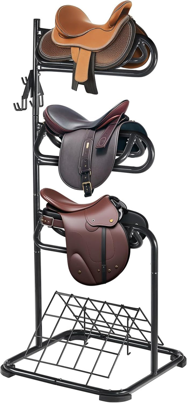Freestanding Saddle Stand, 30 X 30 X 68.5 In, 3 Tiers Saddle Rack, Heavy Duty Saddle Blanket Holder with Removable & Rotating Tiers, English & Western Saddle Rack for Tack Room Organization