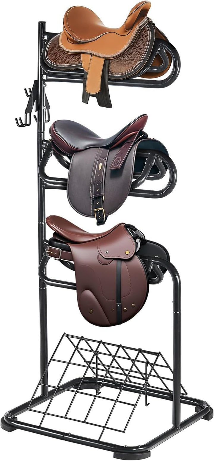 Freestanding Saddle Stand, 30 X 30 X 68.5 In, 3 Tiers Saddle Rack, Heavy Duty Saddle Blanket Holder with Removable & Rotating Tiers, English & Western Saddle Rack for Tack Room Organization
