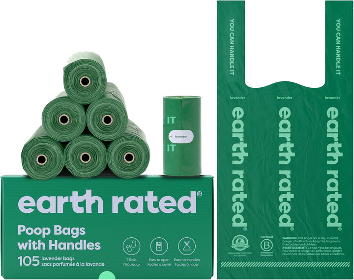 Dog Poop Bags with Handles, Extra Wide, Easy Tie and Guaranteed Leakproof, Lavender Scented, 120 Handle Bags