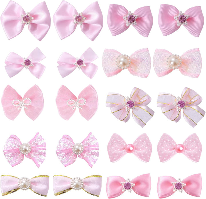 20 PCS Cute Dog Hair Bows with Rubber Bands Elastic Handmade Mix Style Lace Rhinestone Pearls for Furry Puppy Cat Pet Girl, Pink