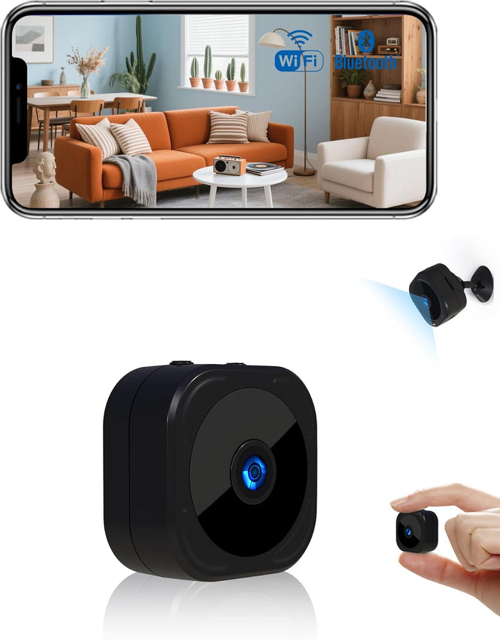 1080P HD Mini Camera for Indoor Security with App Control Motion Detection & Night Vision Wireless Wifi Rechargeable Pet Camera for Home/Office 24/7 Cycle save (Black)