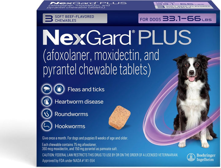 plus (Afoxolaner, Moxidectin, and Pyrantel) Flea and Tick Protection & Heartworm Preventive for Dogs Soft Beef Flavored Chewables, 33.1-66 Lbs. (Purple) 6 Chews (6 Month Supply)