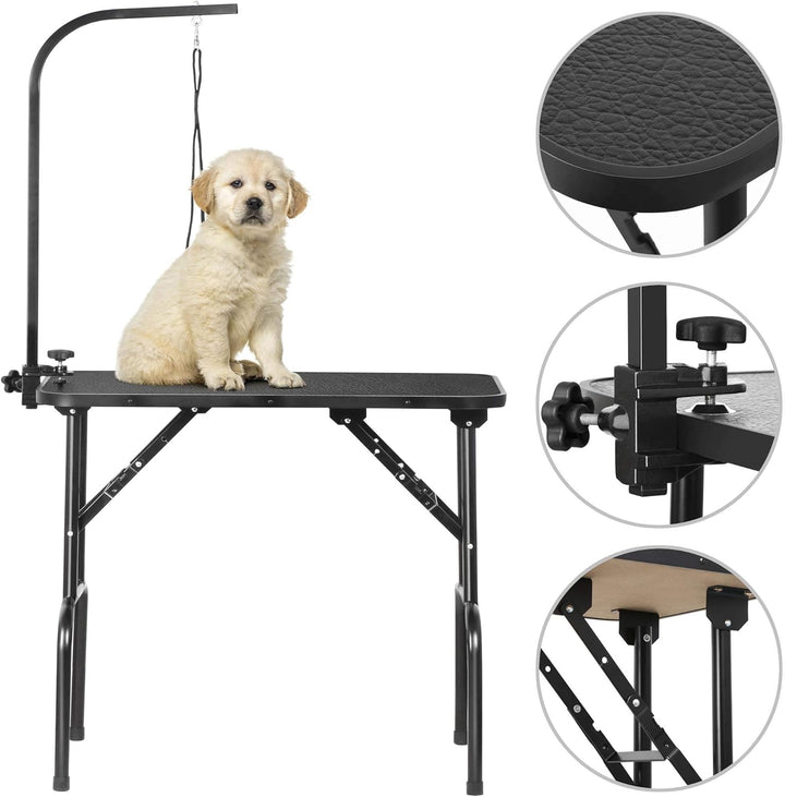 32-Inch Foldable Pet Dog Grooming Table with Adjustable Height Arm Drying Table for Home W/Noose for Small Dogs Cats Non-Slip Maximum Capacity up to 220Lbs Black