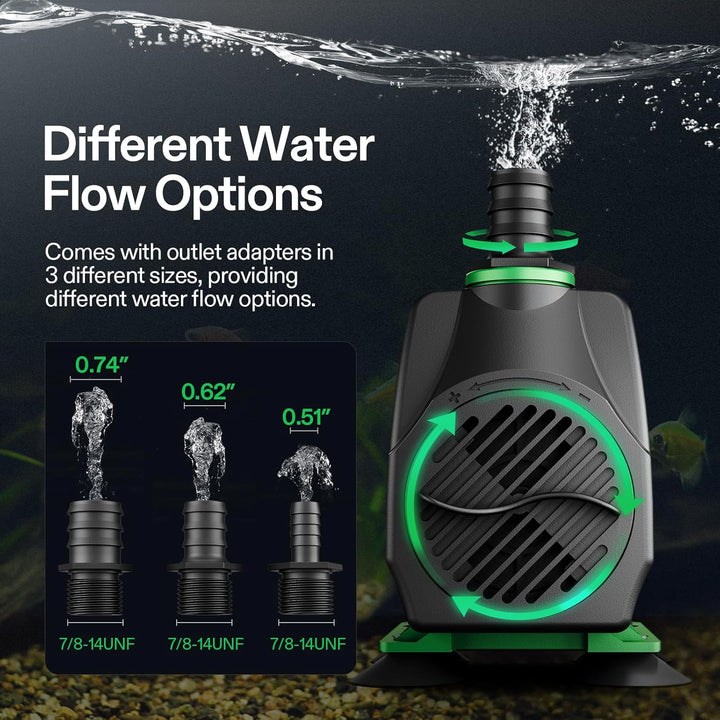 800GPH Submersible Pump(3000L/H, 24W), Ultra Quiet Water Fountain Pump with 10Ft. High Lift with 6.5Ft. Power Cord, 3 Nozzles for Fish Tank, Pond, Aquarium, Statuary, Hydroponics Green