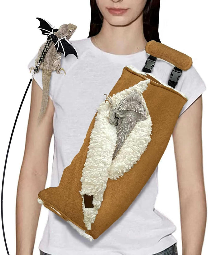 Adjustable Fluffy Bearded Dragon Sling Carrier Bag, Reptile Carrier with Leash Harness Lizard Cage Accessories for Small Animal, Kitty, Ferrets, Squirrel, Hamsters,Parrot (Black)