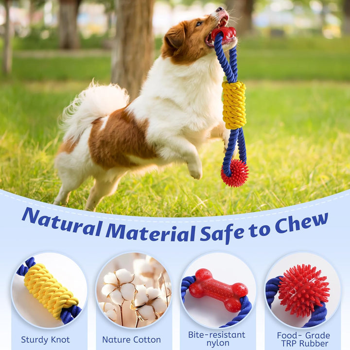 Interactive Dog Rope Toys Tug of War, Tough Dog Toys for Large, Medium & Small Dogs, 100% Cotton Chew Toys for Boredom, Pull Ball Rope Teeth Cleaning