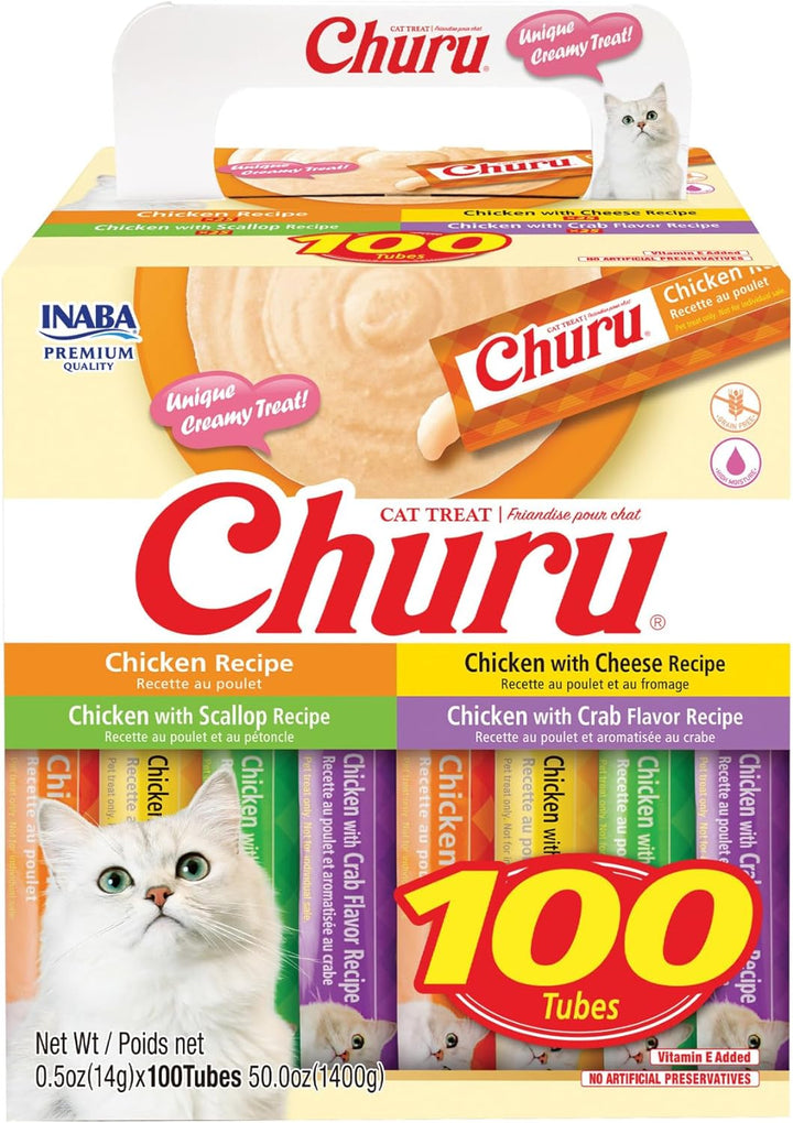 Churu Cat Treats, Lickable, Squeezable Creamy Purée with Vitamin E, 0.5 Ounces per Tube, 120 Tubes Total, Chicken Variety