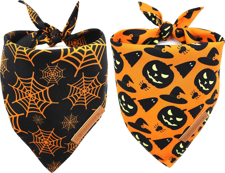 Halloween Dog Bandanas 2 Pack, Pumpkin and Spider Web Bibs, Triangle Reversible Fall Pet Scarf, Premium Durable Fabric, Adjustable Fit (Large)