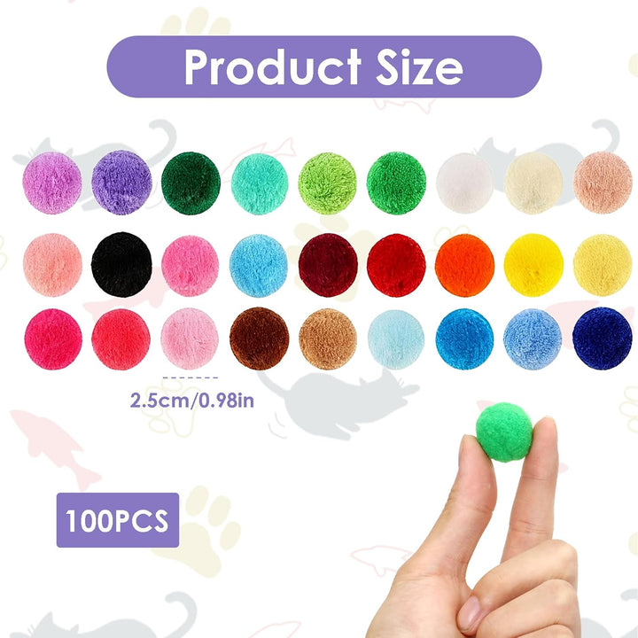 100 Pcs Cat Toy Balls, 1 Inch Soft Pom Pom Ball Plush Interactive Balls for Cat Fuzzy Kitten Interactive Playing Quiet Toy for Cats Pet