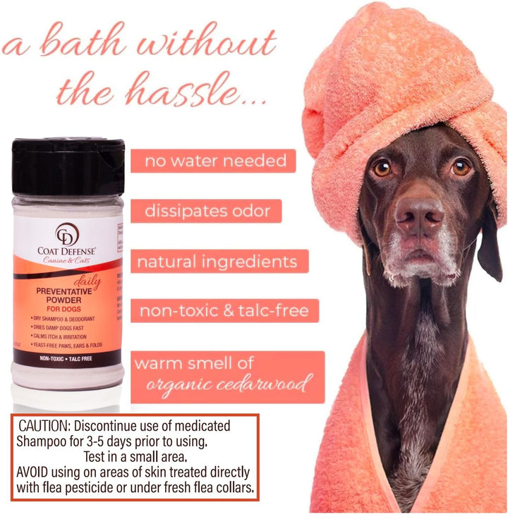 Preventative Powder | Made in USA | 3.5Oz Waterless Dog Shampoo & Pet Deodorizer for Smelly Dogs | Provides anti Itch Relief | Dog Shampoo for Dry Itchy Skin & Smelly Dogs