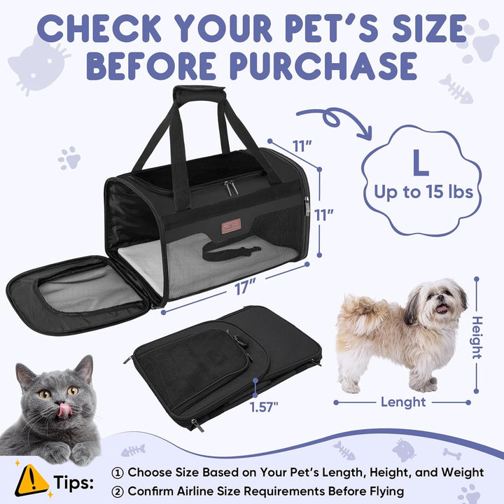 Cat Carrier, Puppy Dog Carrier for Small Medium Pets up to 15 Lbs, Soft-Sided Dog Travel Bag with Safety Zippers, Collapsible Pet Carrying Case (Black, L, 17"X11"X11")