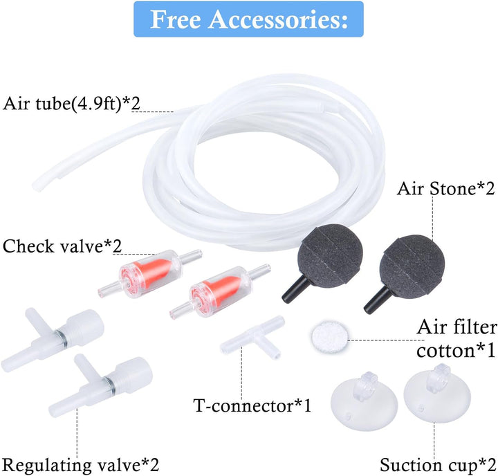 Dual Outlet Aquarium Electric Air Pump, Whisper Adjustable Fish Tank Aerator, Quiet Oxygen Pump with Accessories for 20 to 100 Gallon