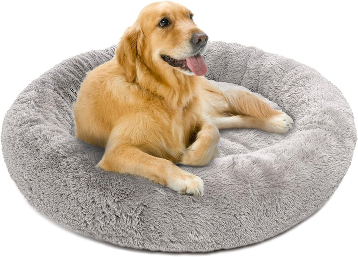 Donut Dog Bed Faux Fur Fluffy Calming Sofa for Medium Dogs, Soft & Plush anti Anxiety Pet Couch for Dogs, Machine Washable Coco Pet Bed with Non-Slip Bottom, 30"X30"X7" Ivory