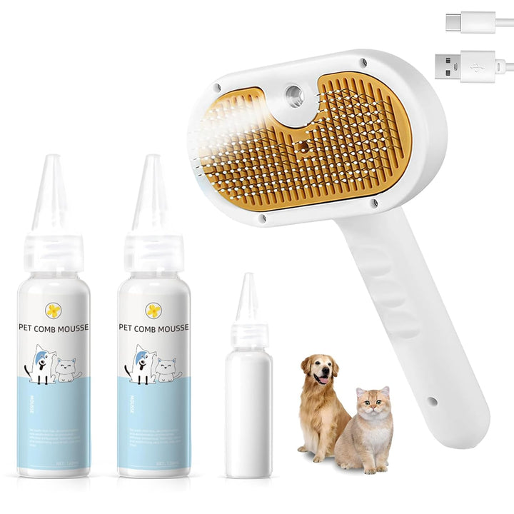 Pet Steam Brush for Dog & Cat - 3-In-1 Steam Grooming Brush for Shedding & Hair Removal - Self Cleaning Spray Comb with Mist for Long Haired Pets - Includes 1*Waterless Shampoo, Blue