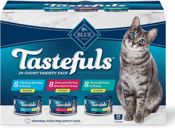 Tastefuls Flaked Wet Cat Food Variety Pack, Made with Natural Ingredients, Tuna, Chicken, Fish & Shrimp, 3-Oz Cans (12 Count, 4 of Each)