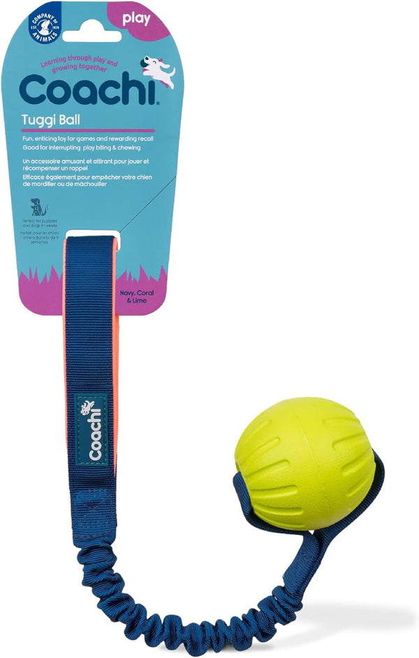 Coachi Tuggi Ball - Interactive Dog Toy for Tug of War & Play. Strong & Comfortable, Stretchy Bungee Handle, Reward Training, Interrupting Biting & Chewing. Ideal for Agility and Suitable for Puppies