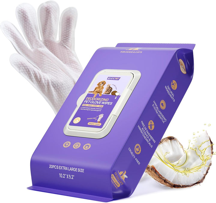 Cleaning Deodorizing Glove Wipes for Dogs & Cats, Vet Recommended Hypoallergenic Pet Cleaning and Hydrating Glove Wipes, Nourish Fur Coconut Oil Pet Bathing Wipes for Horse Coat Care