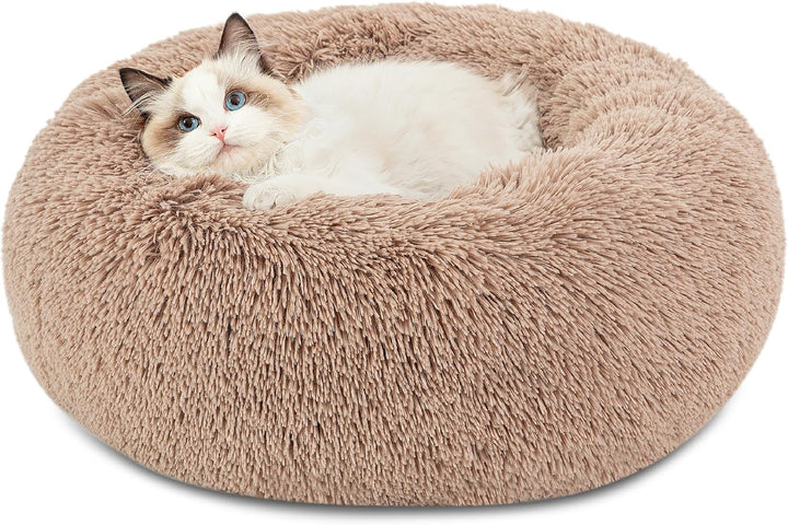 Calming Dog Bed Medium Size Dog - Donut Washable Medium Pet Bed, 30 Inches Anti-Slip round Fluffy Plush Faux Fur Cat Bed, Fits up to 45 Lbs Pets, Camel