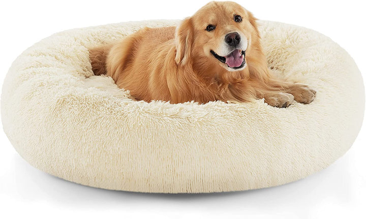 Calming Dog Bed Medium Size Dog - Donut Washable Medium Pet Bed, 30 Inches Anti-Slip round Fluffy Plush Faux Fur Cat Bed, Fits up to 45 Lbs Pets, Camel