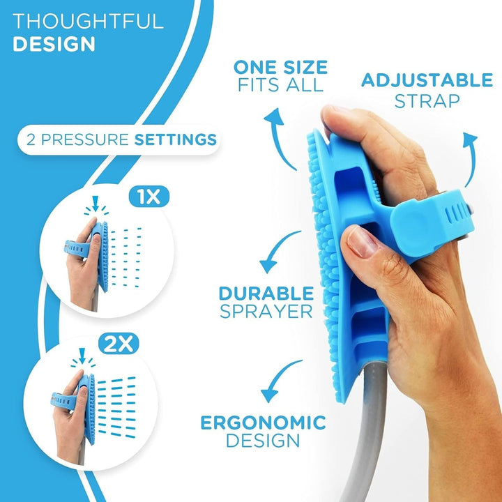 5-In-1 Horse & Dog Bath Brush & Curry Comb - XL Blue Silicone - Includes 3-Ft Shower Hose Attachment & Adapter - Adjustable Spray Scrub Massager - Dog Grooming Supplies