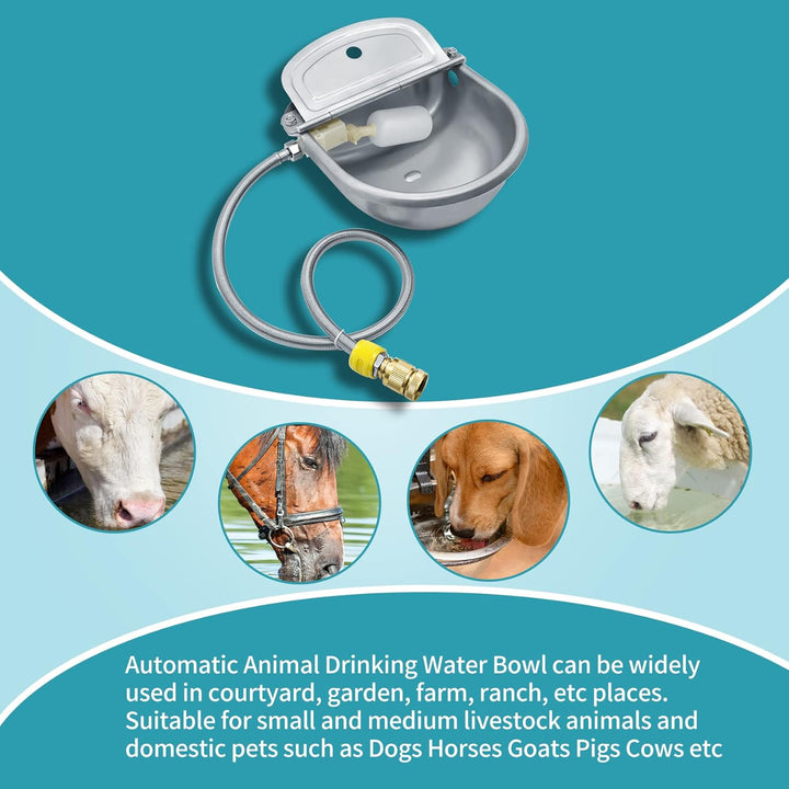 Automatic Animal Drinking Water Bowl, 304 Stainless Steel Waterer for Dog Horse Goat Pig Cow, Livestock Water Trough Dispenser with Pipe Hose, 2 Float Valves, Quick Connecter, Expansion Bolt