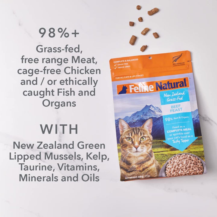 High Protein Dry Cat Food, Freeze-Dried Diet with 98% Meat, Organs & Seafood, No Peas, Grains, or Artificial Additives, Made in New Zealand, Chicken & Lamb, 11Oz