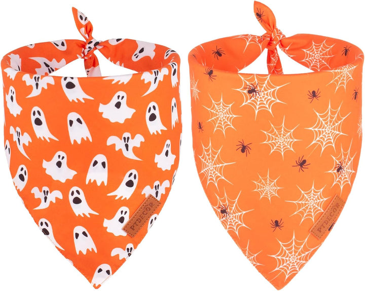 Halloween Dog Bandana, Ghost Pumpkin Design Reversible Holiday Dog Scarf, Triangle Halloween Bandanas for Medium Large Dogs Pets (Large)