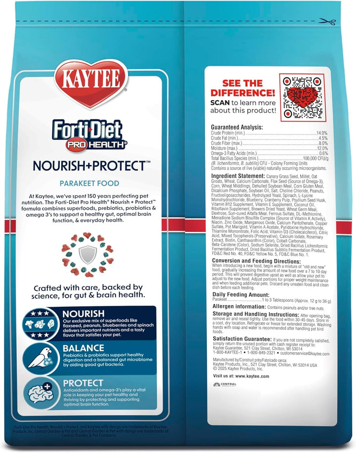 Forti-Diet Pro Health Nourish+Protect Parakeet Food, Comprehensive Nutrition Backed by Science, Digestive Health, Immune Support, 2 Pounds