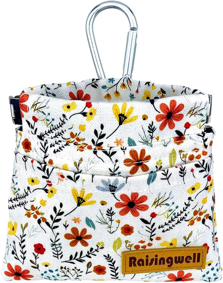 Dog Treat Pouch, Green Pocket Sized Pet Training Pouch, Cotton Fabric, Hand Free Dog Walking Bag with Carabiner, Self-Closing Pet Feed Snack Reward, for Puppy Travel or Outdoor Use