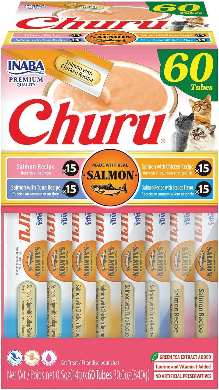 Salmon Churu Cat Treats, Lickable, Squeezable Creamy Purée Cat Treat with Green Tea Extract & Taurine, 0.5 Ounces Each Tube, 40 Tubes, Salmon Variety Box