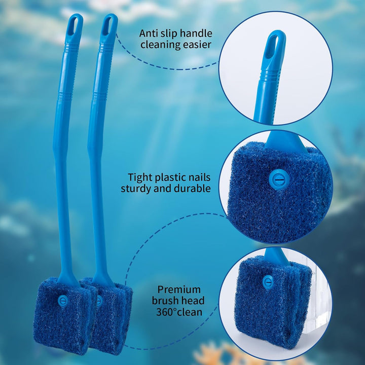 Aquarium Algae Scraper Double Sided Sponge Brush Cleaner Long Handle Fish Tank Scrubber for Glass Aquariums and Home Kitchen,15.4 Inches (1)