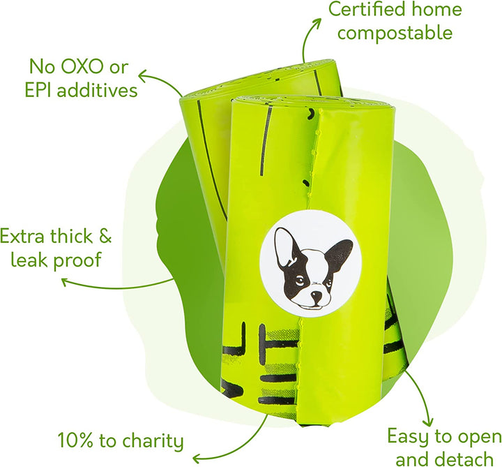 100% Certified Home Compostable Dog Poop Bags - 10% to Charity - ASTM D6400 & EN 13432 Compliant - 240 X Plant Based Compostable Poop Bags (16 Rolls)