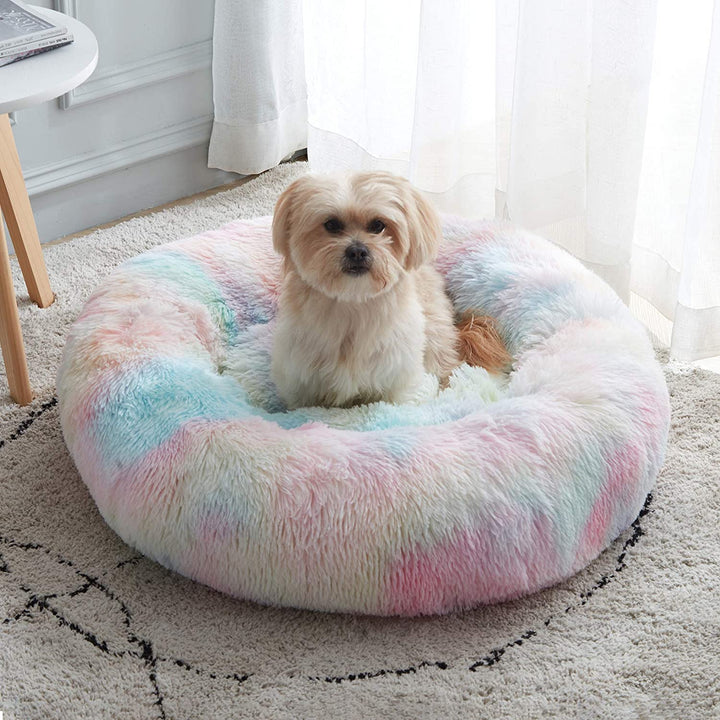 Calming Soft round Dog & Cat Bed, Anti-Anxiety Donut Cuddler Warming Cozy Fluffy Faux Fur Plush Cushion Bed for Small Medium Dogs and Cats (20"/24"/27"/30"), Light Grey