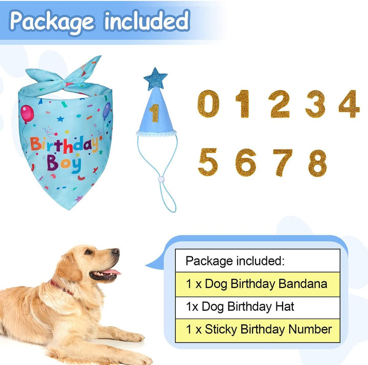 Dog Birthday Party Supplies, Dog Birthday Bandana Set, Dog Boy Girl Birthday Party Hat with Numbers for Large Medium Small Dogs Pet (Blue)