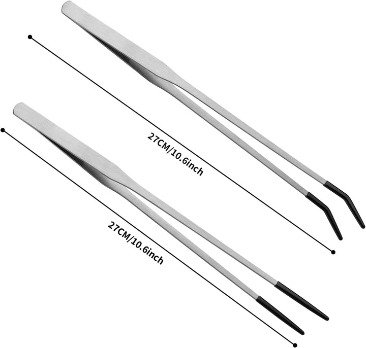 2PCS Stainless Steel Reptile Feeding Tongs with Rubber Tip, 10.6” Straight & Curved Long Tweezers for Aquarium or Craft, Bearded Dragon Tank Snakes Enclosure Accessories, Terrarium Supplies