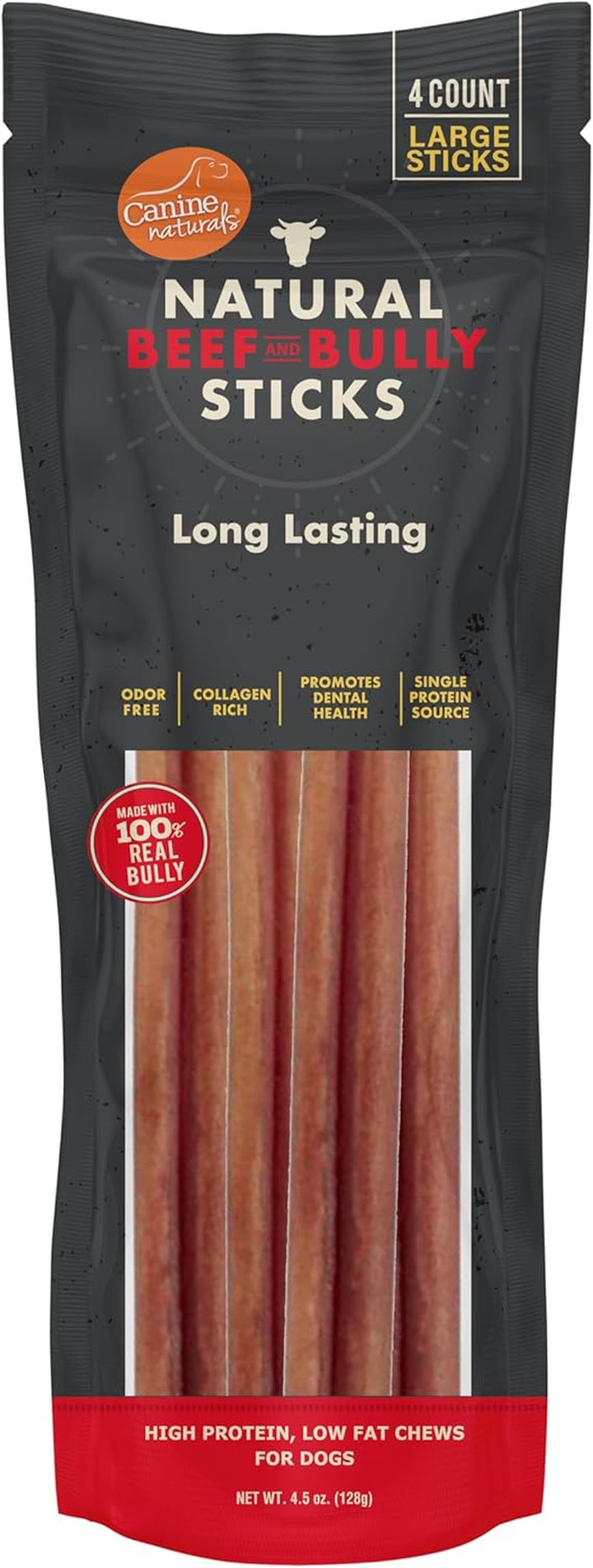 | Natural Beef & Bully Sticks | Long-Lasting, Odor Free, High Protein Chews Made with 100% Real Bully | 4 Count Medium Sticks