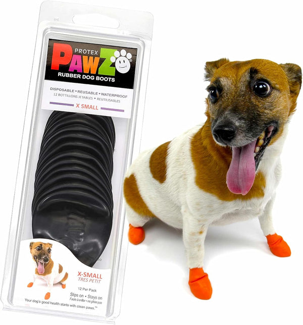 Pawz Rubber Dog Boots for Paws up to 2", 12 Pack - All-Weather Booties for Hot Pavement, Snow, Mud, and Rain - Waterproof, anti Slip Dog Socks - X-Small, Black