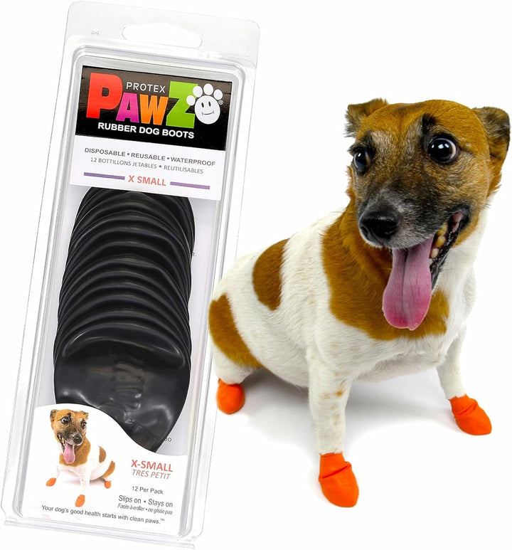 Pawz Rubber Dog Boots for Paws up to 2", 12 Pack - All-Weather Booties for Hot Pavement, Snow, Mud, and Rain - Waterproof, anti Slip Dog Socks - X-Small, Black