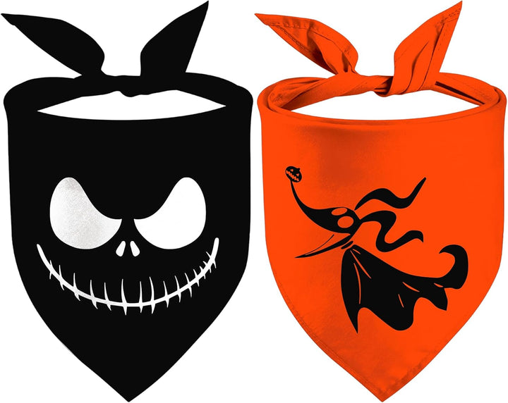Halloween Dog Bandanas 2 Pack, Zero Dog and Jack Face Print Bibs for Boy and Girl, Nightmare before Christmas Triangle Fall Pet Scarf, Premium Durable Fabric, Adjustable Fit (Halloween-1, Large)