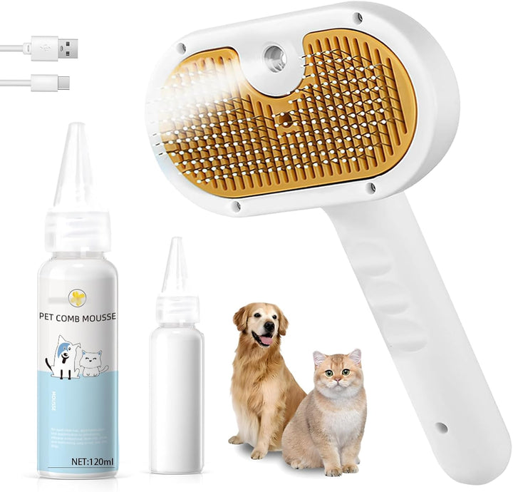 Pet Steam Brush for Dog & Cat – 3-In-1 Spray Hair Removal Comb – Steam for Shedding & Grooming – Water Brush for Long & Short Haired Pets – Spritz Defur Comb – Includes Waterless Shampoo