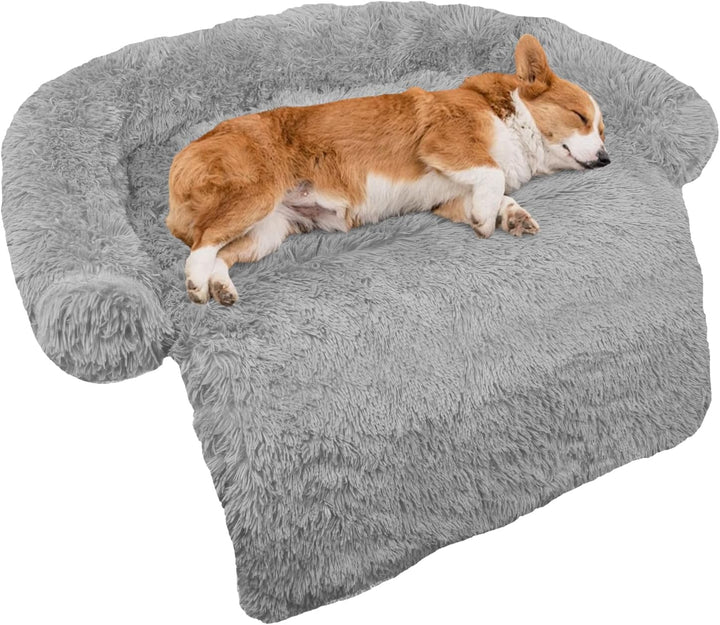 Calming Dog Bed Fluffy Plush Dog Mat for Furniture Protector with Removable Washable Cover for Large Medium Small Dogs and Cats (Large, Light Grey)